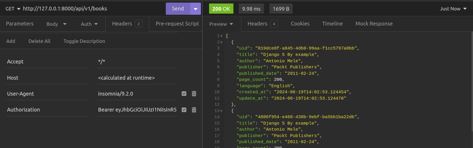 Success request with Authorization  header